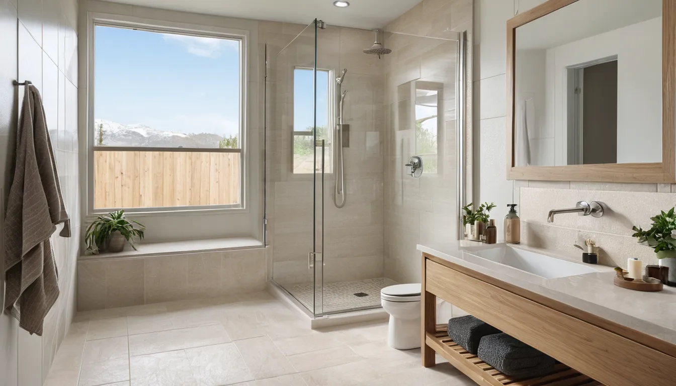 A newly remodeled walk-in shower with light tile in a bathroom near Riverside